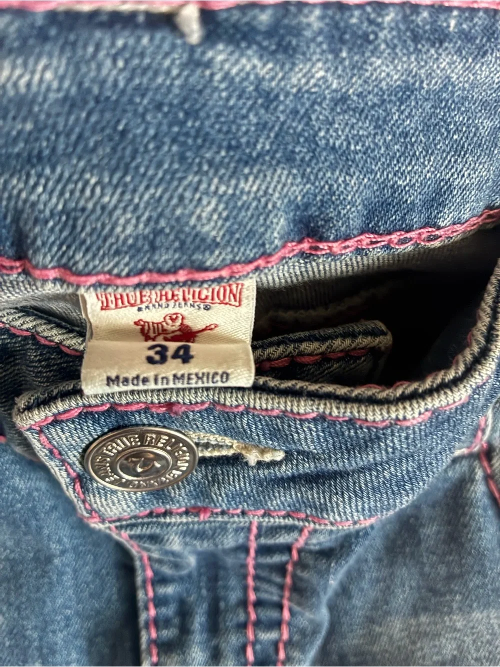 True Religion Mid-Blue Skinny Jeans with Pink Stitching